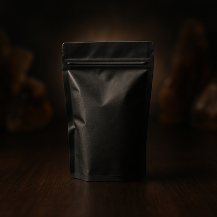 Photographie artistique premium d’un petit sachet kraft noir élégant et scellé, posé sur une table en bois sombre. La lumière met en valeur un léger halo autour du sachet, créant une ambiance mystérieuse et raffinée. En arrière-plan flouté : silhouettes abstraites de morceaux de résine sans détail précis. Atmosphère intrigante, sensorielle et premium, style photographie réaliste haute résolution. Pas de texte.