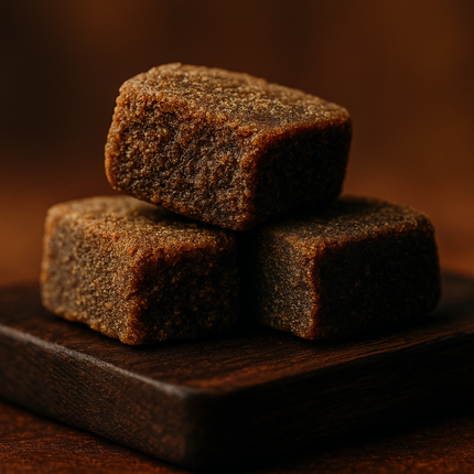 Photographie macro artistique de trois morceaux de résine CBD posés sur une petite planche en bois sombre, avec texture détaillée et lumières douces révélant la richesse des surfaces. Ambiance élégante, premium, proche de l’univers gastronomique (comme une dégustation de chocolats ou épices). Fond flouté, couleurs chaudes (brun, ambre, doré). Pas de texte, style photographie réaliste haute résolution.
