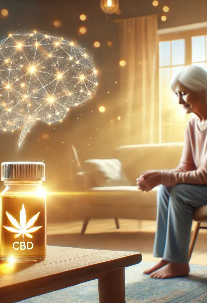 Un patient âgé atteint d'Alzheimer assis paisiblement dans un salon lumineux, avec une bouteille d'huile de CBD posée sur une table à proximité. L’ambiance chaleureuse et apaisante symbolise les bienfaits potentiels du CBD sur la cognition et le bien-être