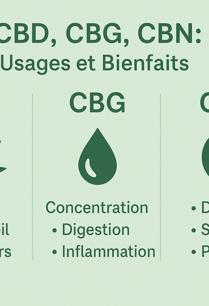 Infographie en français comparant les bienfaits du CBD, CBG et CBN : stress, sommeil, douleurs, concentration, digestion et détente profonde.
