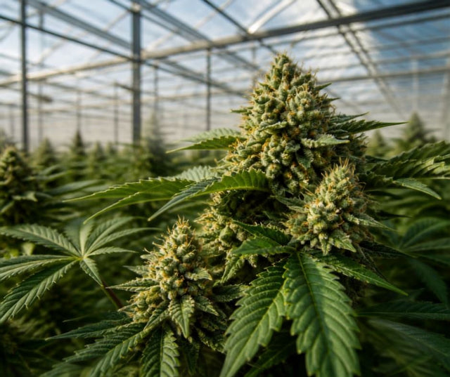 Fleurs Glasshouse Herbeevor : Lemon Haze CBD et Fruit Cake CBN sous serre vitrée
