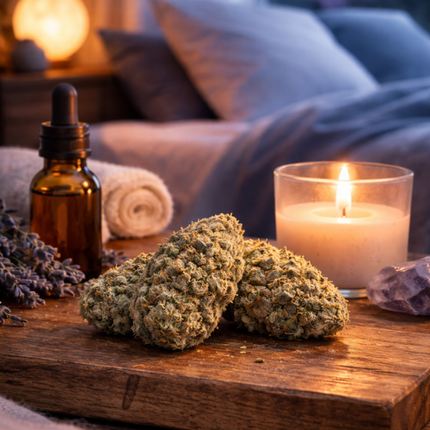 Fleur Amnesia CBN avec têtes denses et résineuses posées sur bois, ambiance nuit apaisante, idéale pour le sommeil et la relaxation profonde