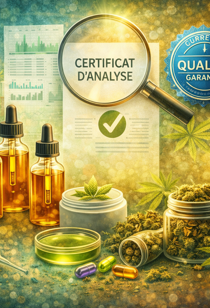 Illustration des analyses laboratoire du CBD avec équipements scientifiques certificats et contrôle qualité garantissant la transparence des produits