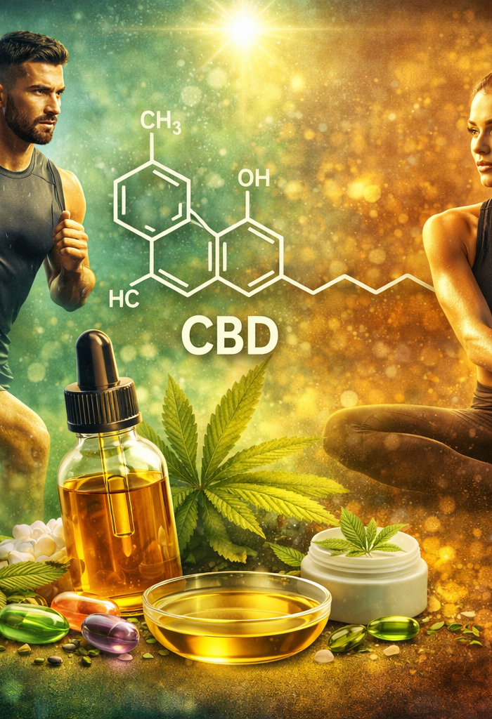 Illustration du CBD pour le sport avec athlètes en entraînement et récupération, produits au chanvre et bienfaits sur performance et récupération musculaire