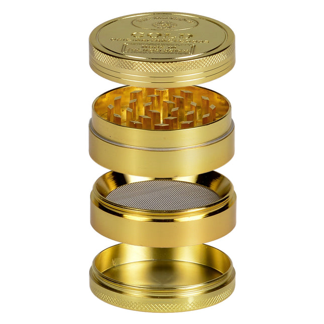 Vue éclatée du grinder doré Champ High avec dents en losange, tamis à pollen et compartiments distincts
