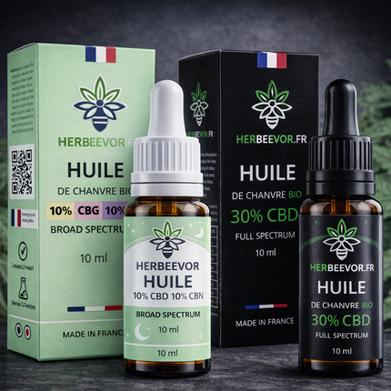 Pack CBD Sommeil & Relax Herbeevor avec huile Broad Spectrum CBD CBG CBN 10% et huile Full Spectrum 30% CBD pour routine détente et sommeil naturel