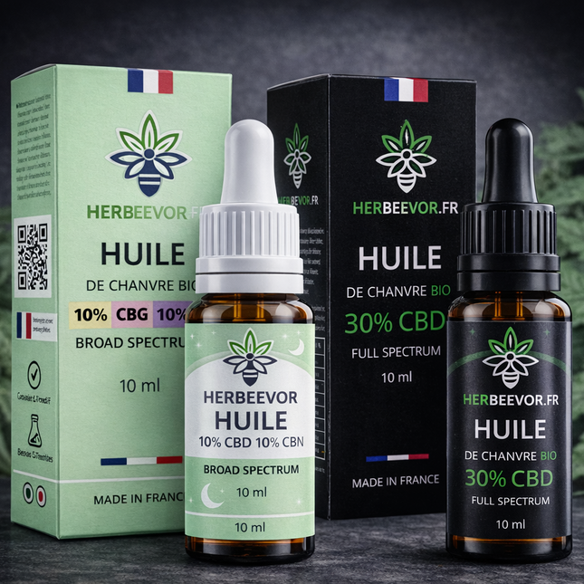 Pack CBD Sommeil & Relax Herbeevor avec huile Broad Spectrum CBD CBG CBN 10% et huile Full Spectrum 30% CBD pour routine détente et sommeil naturel