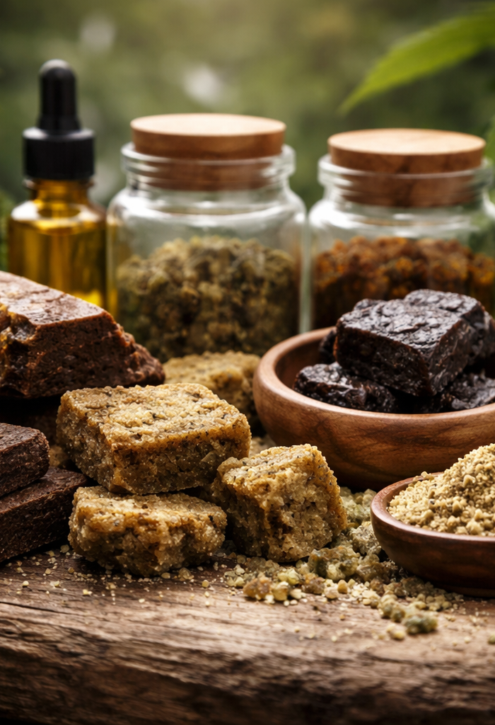 Assortiment de résines CBD puissantes premium avec différentes textures et concentrations élevées