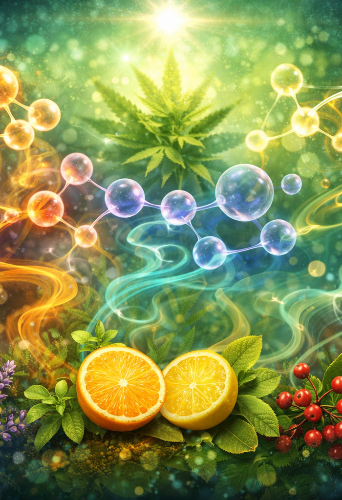 Terpènes et effet d’entourage illustrant la synergie naturelle entre cannabinoïdes CBD CBG CBN CBC et composés aromatiques du chanvre